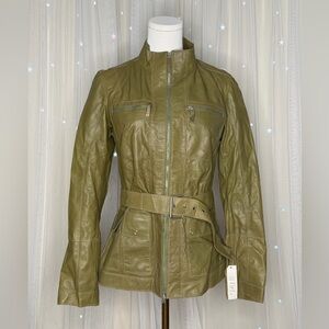 Chaudry KC Vtg Olive Green Leather Jacket Belted Deadstock Semi Analine Nappa